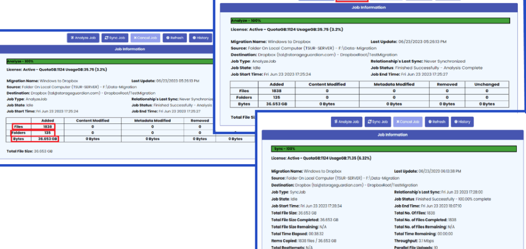 Data migration interface with detailed statistics