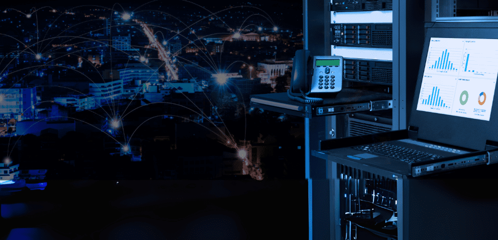 Technology infrastructure with urban connectivity backdrop