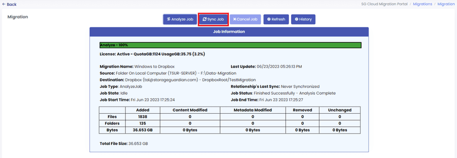 Migration status and job information