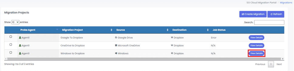 Project management interface with detailed view options