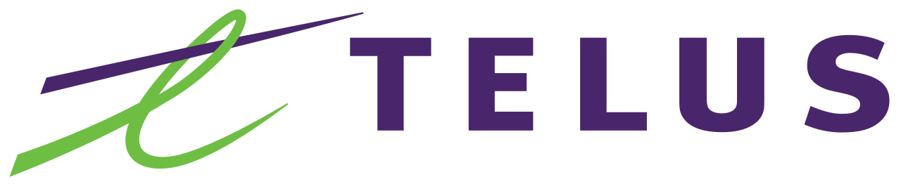 Purple Telus text with green accent